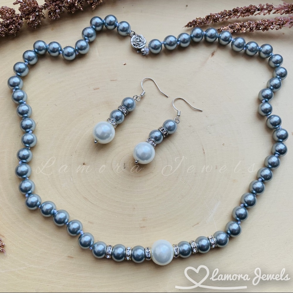 Silver Pearl Necklace/ drop Earrings Jewelry Set